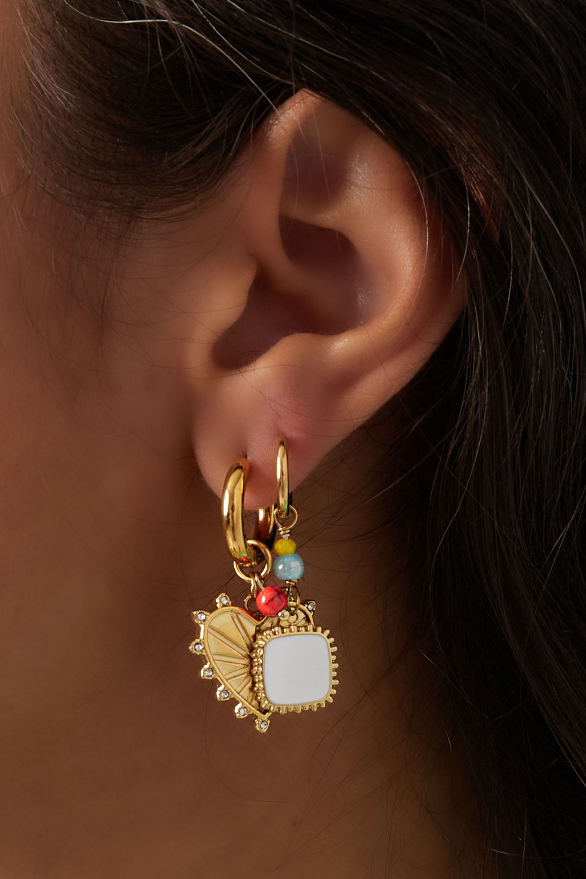 Boucles d'oreilles avec perles et pendentif carré bleu - or Image3